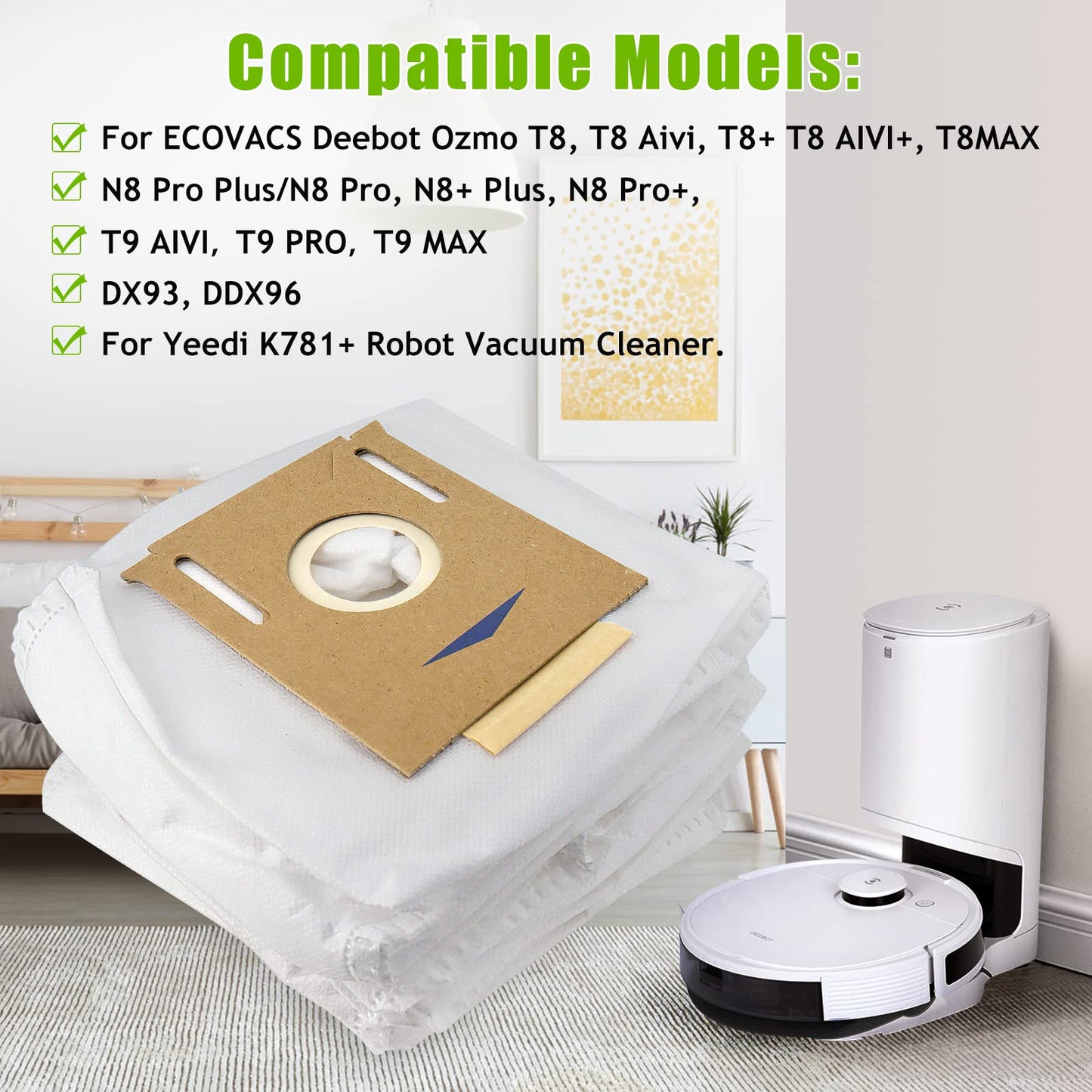 5 Pack Dust Bags For Yeedi K781+,For ECOVACS Deebot Ozmo T8, T8 Aivi, T8+ T8 AIVI+, T8MAX, N8 Pro Plus/N8 Pro, N8+ Plus, N8 Pro+, T9 AIVI T9 PRO T9 MAX DX93, DDX96, Vacuum Cleaner Parts