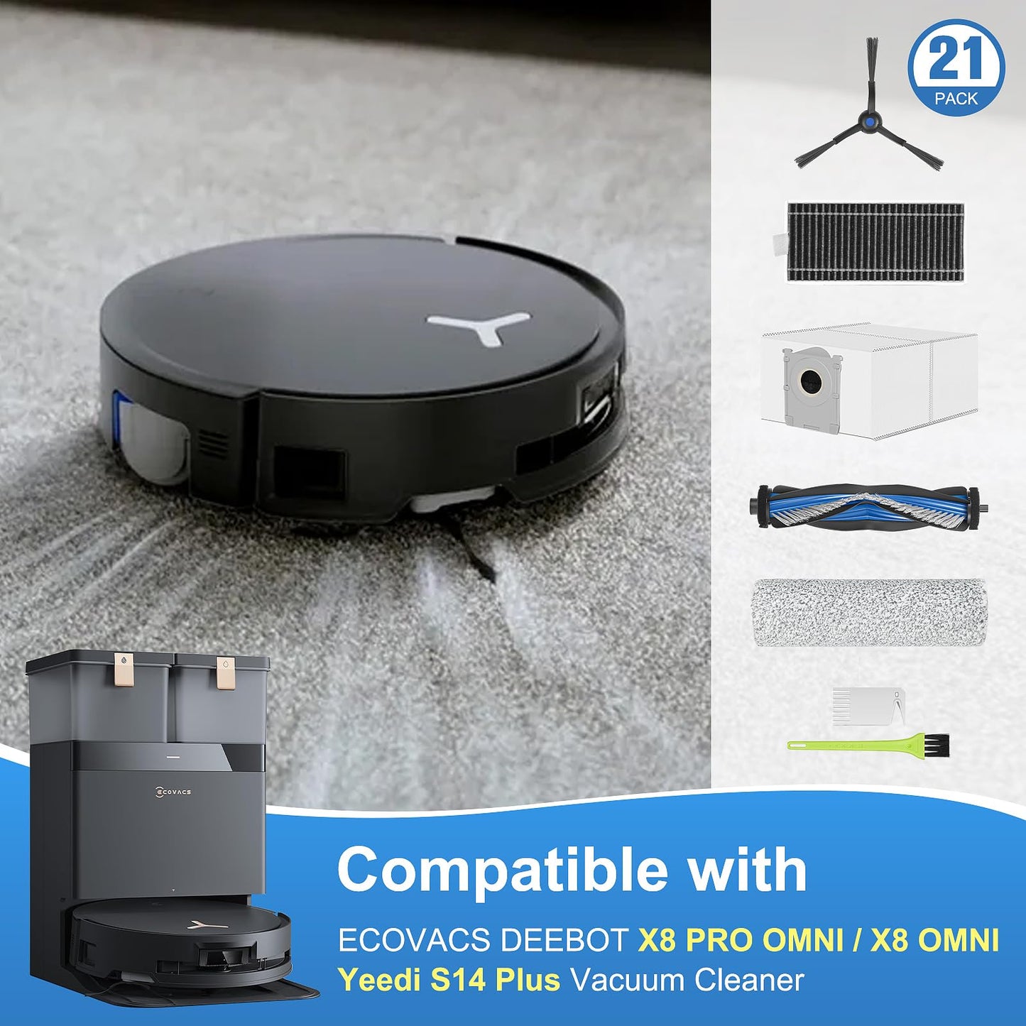 X8 OMNI Accessories Kit for ECOVACS DEEBOT X8 PRO OMNI Compatible with Yeedi S14 Plus Vacuum Cleaner, 21Pcs Replacement Parts, Main Brush, Roller Mop, Filters, Dust Bags, Side Brush, Tools