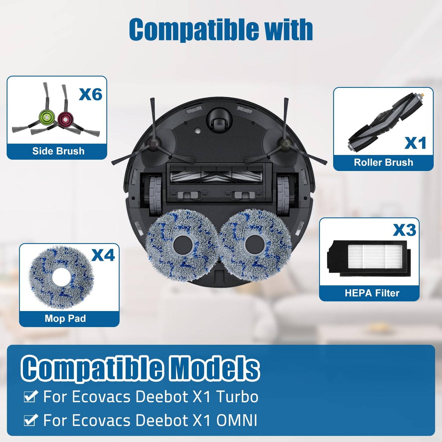 18 PCS Replacement Accessories Kit For Ecovacs Deebot X1 TURBO/OMNI Robot Vacuum Cleaner Parts, 1 Main Brush, 6 Side Brush, 3 Hepa Filter, 4 Mop Cloth, 4 Dust Bag