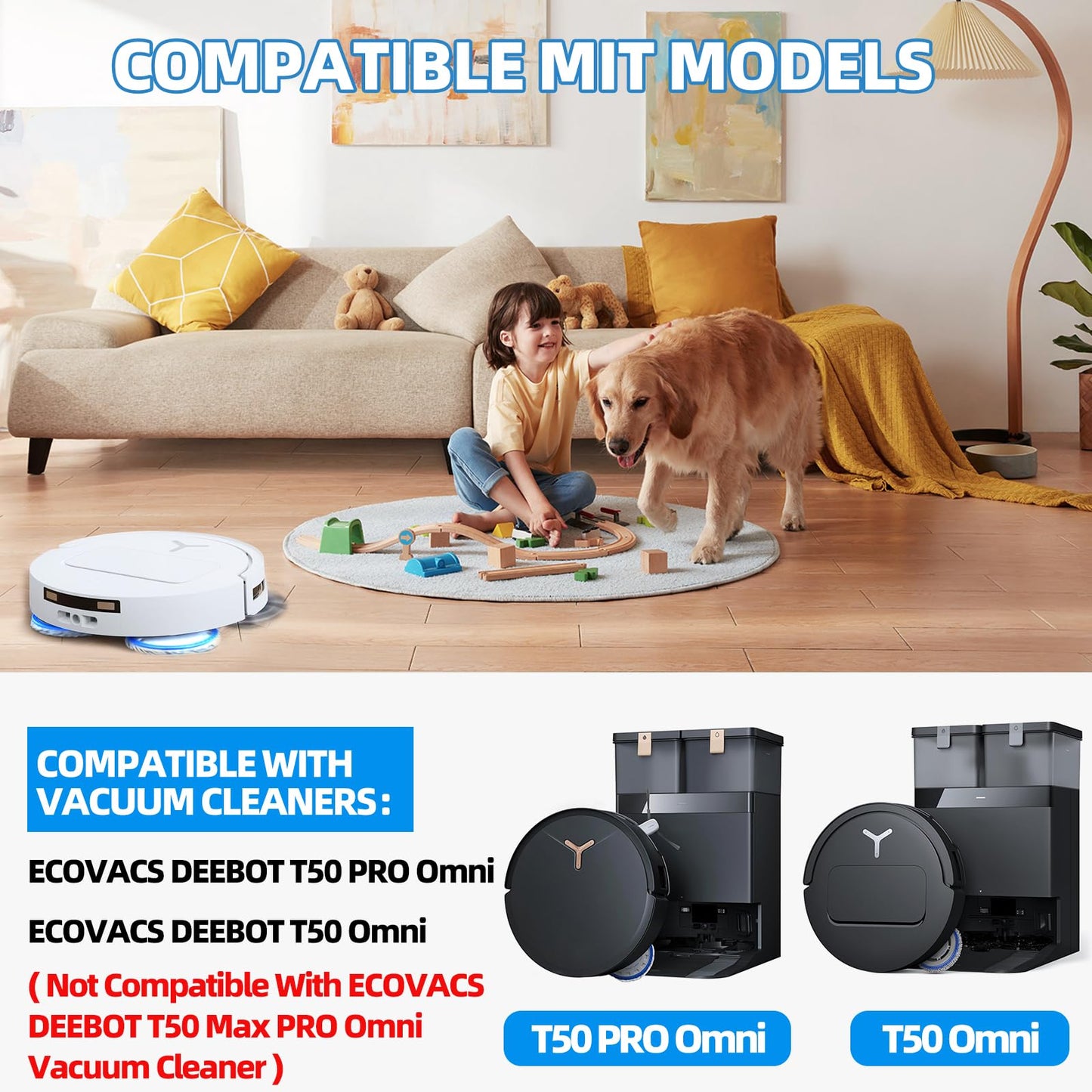 25 Pack Accessories for ECOVACS DEEBOT T50 PRO Omni / T50 Omni Robot Vacuum, Replacement 2 Anti Tangle Main Brush 6 Mop Pads 6 Dust Bag 6 Sidebrush 4 Filter 1 Cleaning Brush