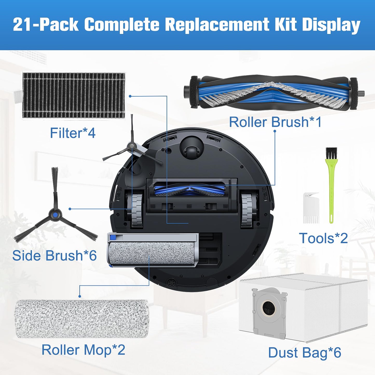 X8 OMNI Accessories Kit for ECOVACS DEEBOT X8 PRO OMNI Compatible with Yeedi S14 Plus Vacuum Cleaner, 21Pcs Replacement Parts, Main Brush, Roller Mop, Filters, Dust Bags, Side Brush, Tools