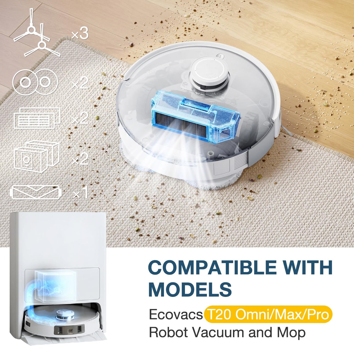 Replacement Parts for ECOVACS T20 Omni/Max/Pro,Ecovacs T20 Max Vacuum Cleaner Accessories Kit, 1*Main Brush+ 4*Hepa Filters+ 4*Mop Pads+ 4*Vacuum Bags+ 6*Side Brushs