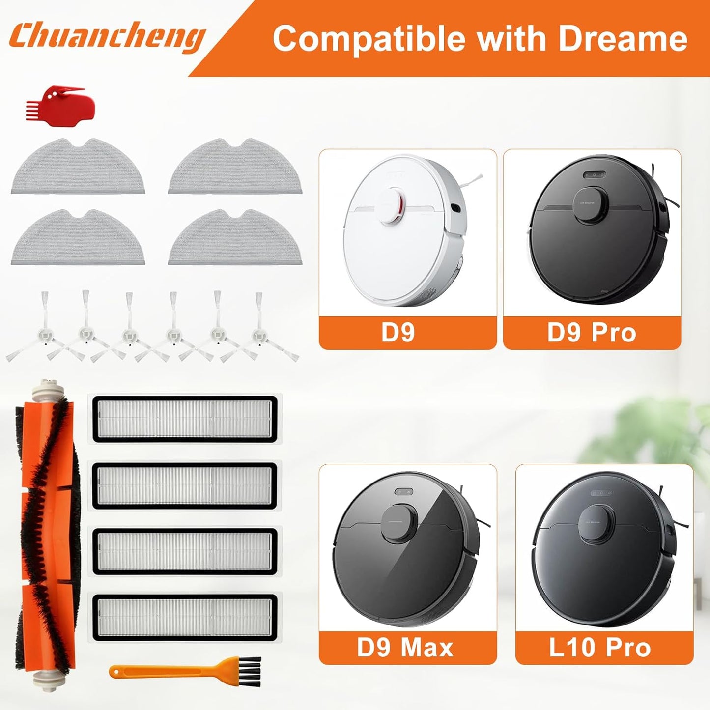 Accessories Kit for Dreame D9, D9 Max, D9 Pro, L10, L10 Pro Vacuum Cleaner Parts, Include 1 Main Brush, 6 Side Brush, 4 Filters, 4 Mop Cloth, 2 Cleaning Brush
