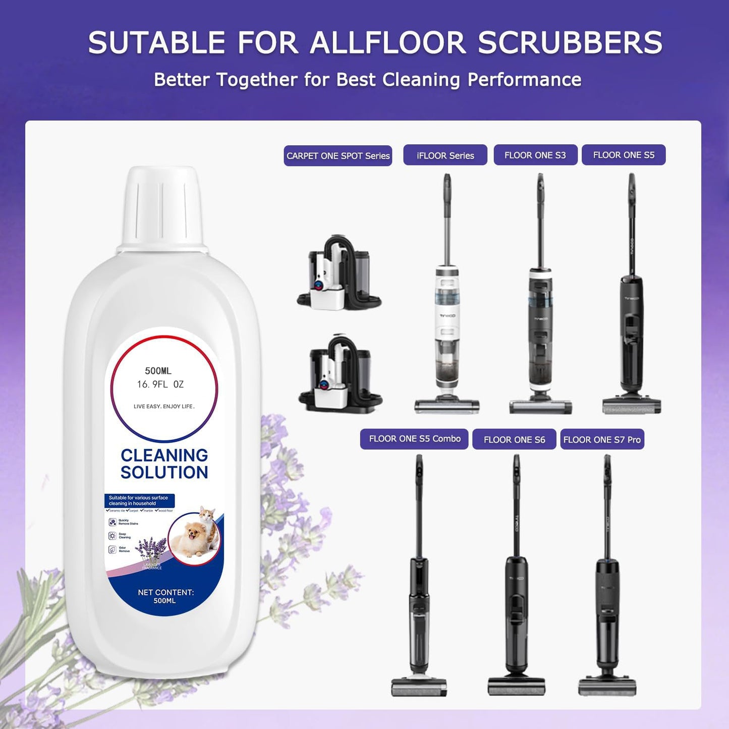 Floor Cleaner Lavender Scent Compatible with Tineco Cleaning Solution Rifill Deep Cleaning for Tineco Vacuum Mop Solution, for iFloor Series & Floor One Cleaner Solution,500ml