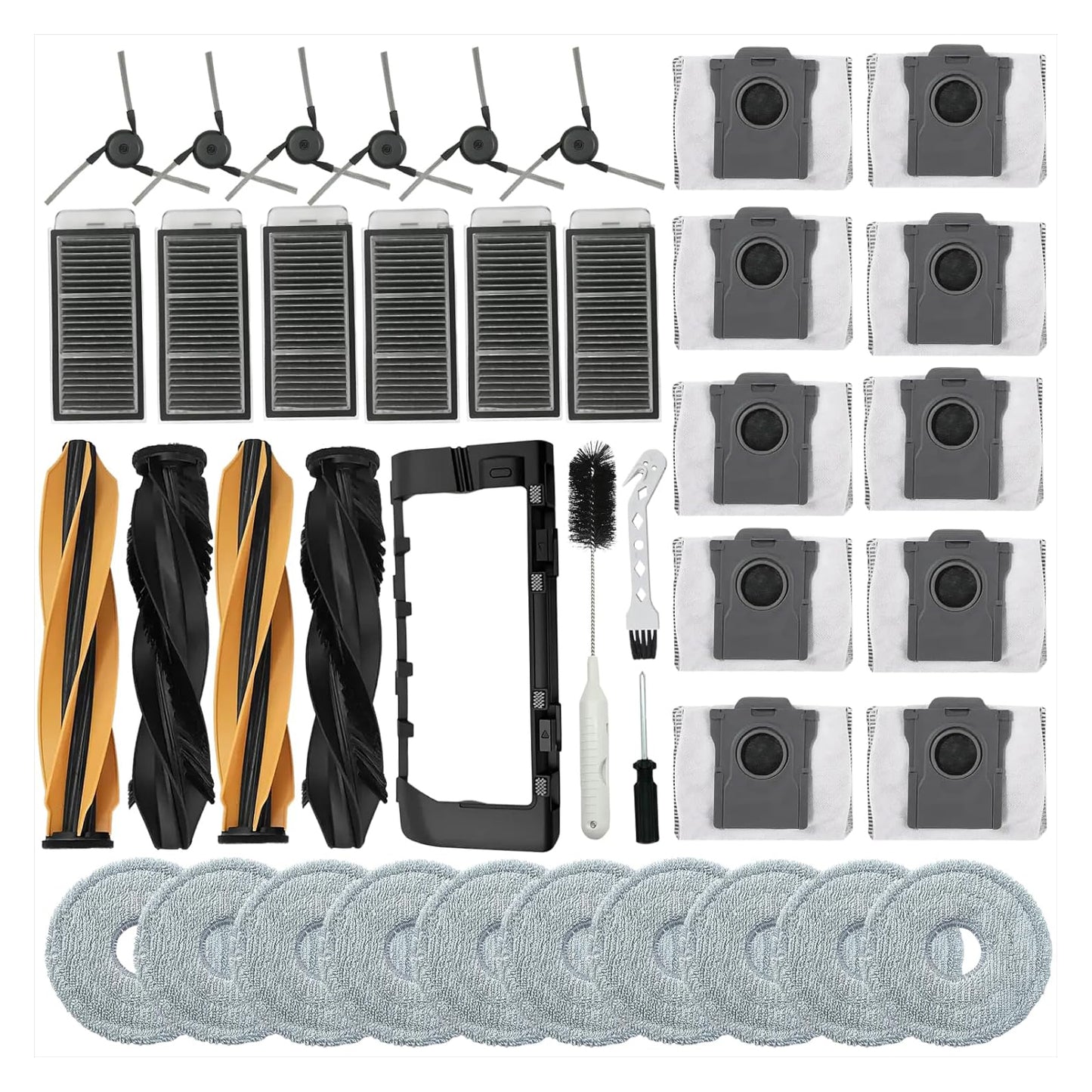 38 Pcs Replacement Parts for Dreame X50 Ultra/ L50 Ultra/and Mova V50 Ultra Vacuum Cleaner Accessories Kit，2 Set Main Brush，1 Main Brush Cover,10 Mop Pads,10 Dust Bags,6 Side Brush,6 Filter