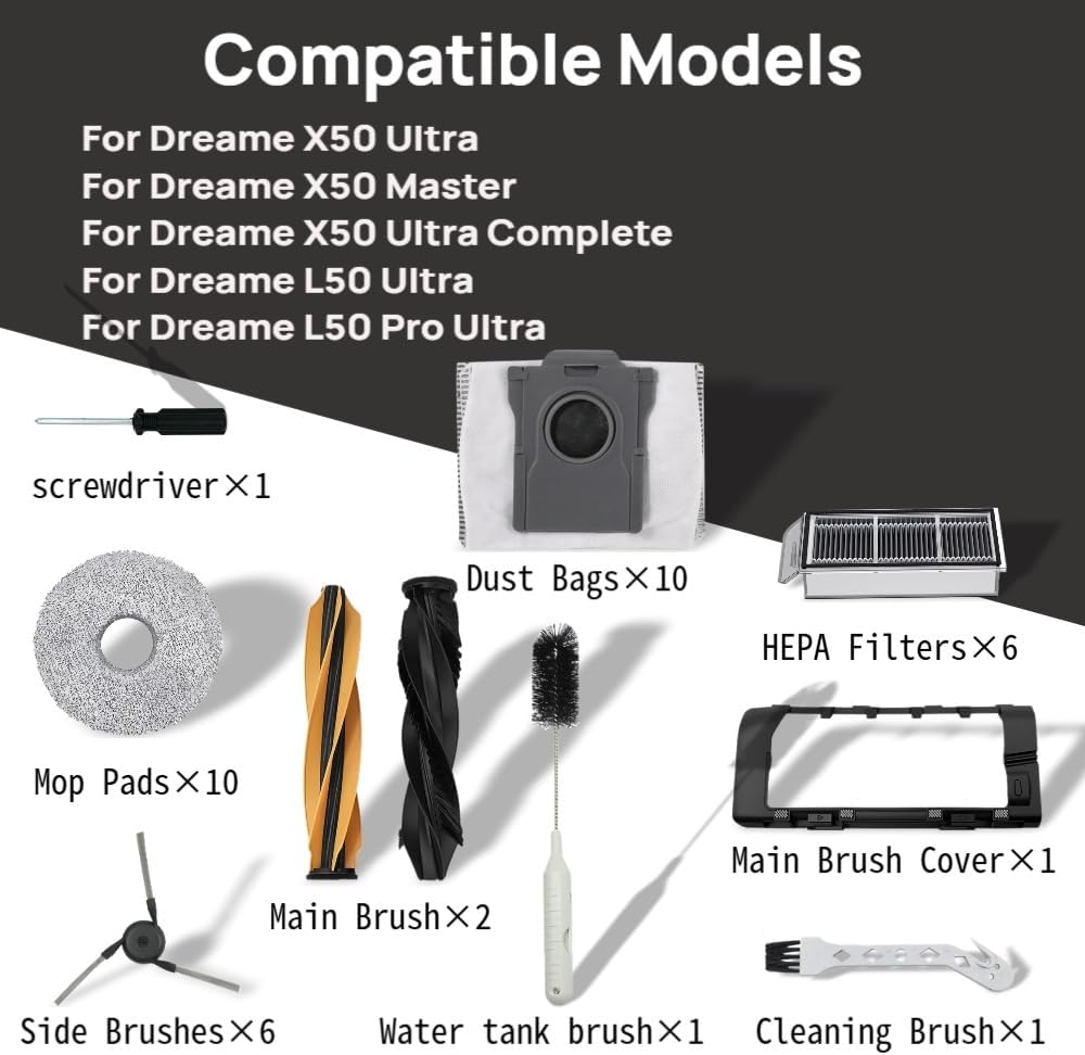 38 Pcs Replacement Parts for Dreame X50 Ultra/ L50 Ultra/and Mova V50 Ultra Vacuum Cleaner Accessories Kit，2 Set Main Brush，1 Main Brush Cover,10 Mop Pads,10 Dust Bags,6 Side Brush,6 Filter