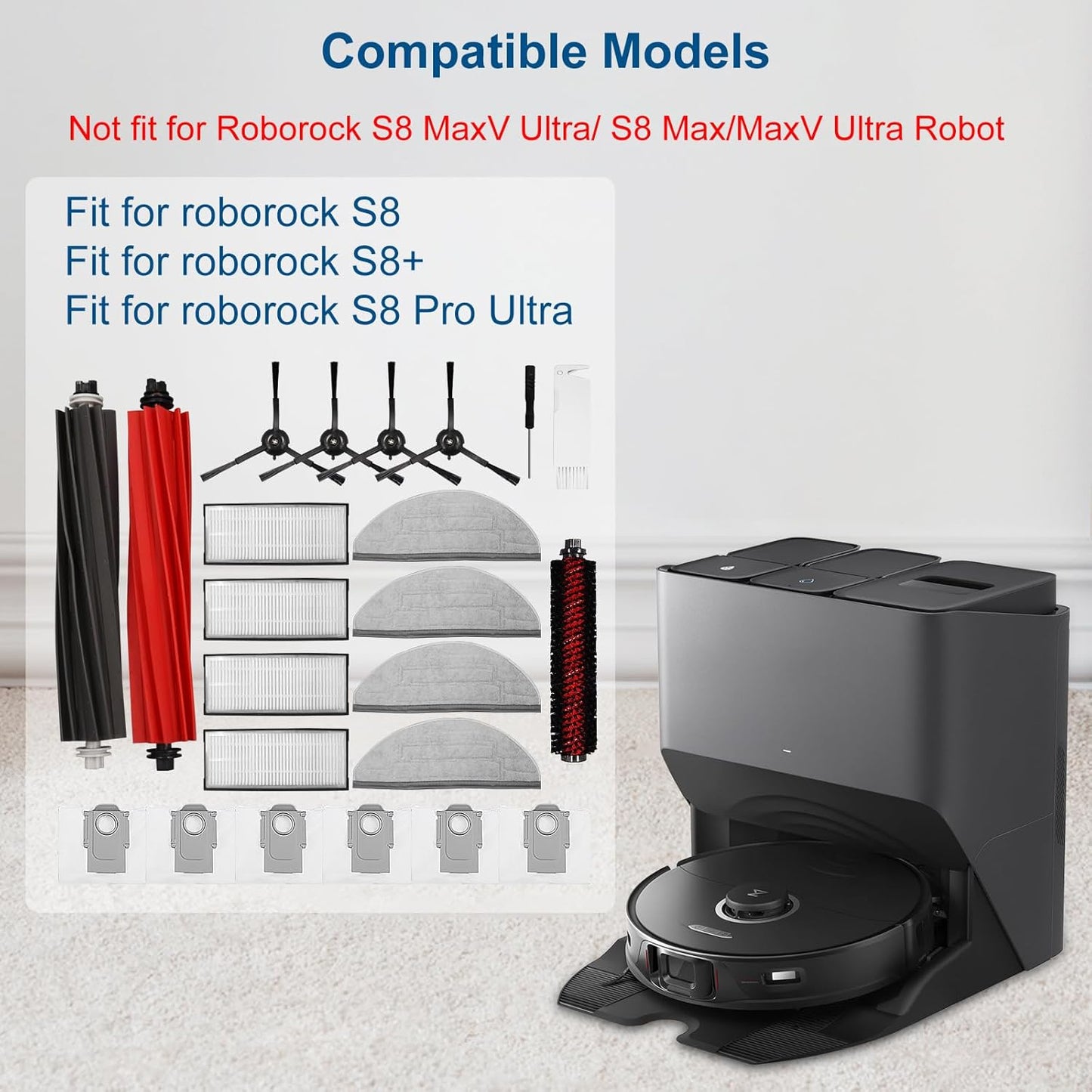 23PCS Vacuum Cleaner Accessorie Kit Compatible with Roborock S8/S8+/S8 PRO Ultra, 1 Set Main Brush &1 Rolling Brush &4 Filters &4 Side Brushes &4 Mop Cloth Pads &6 Dust Bags &1 Cleaning Tool