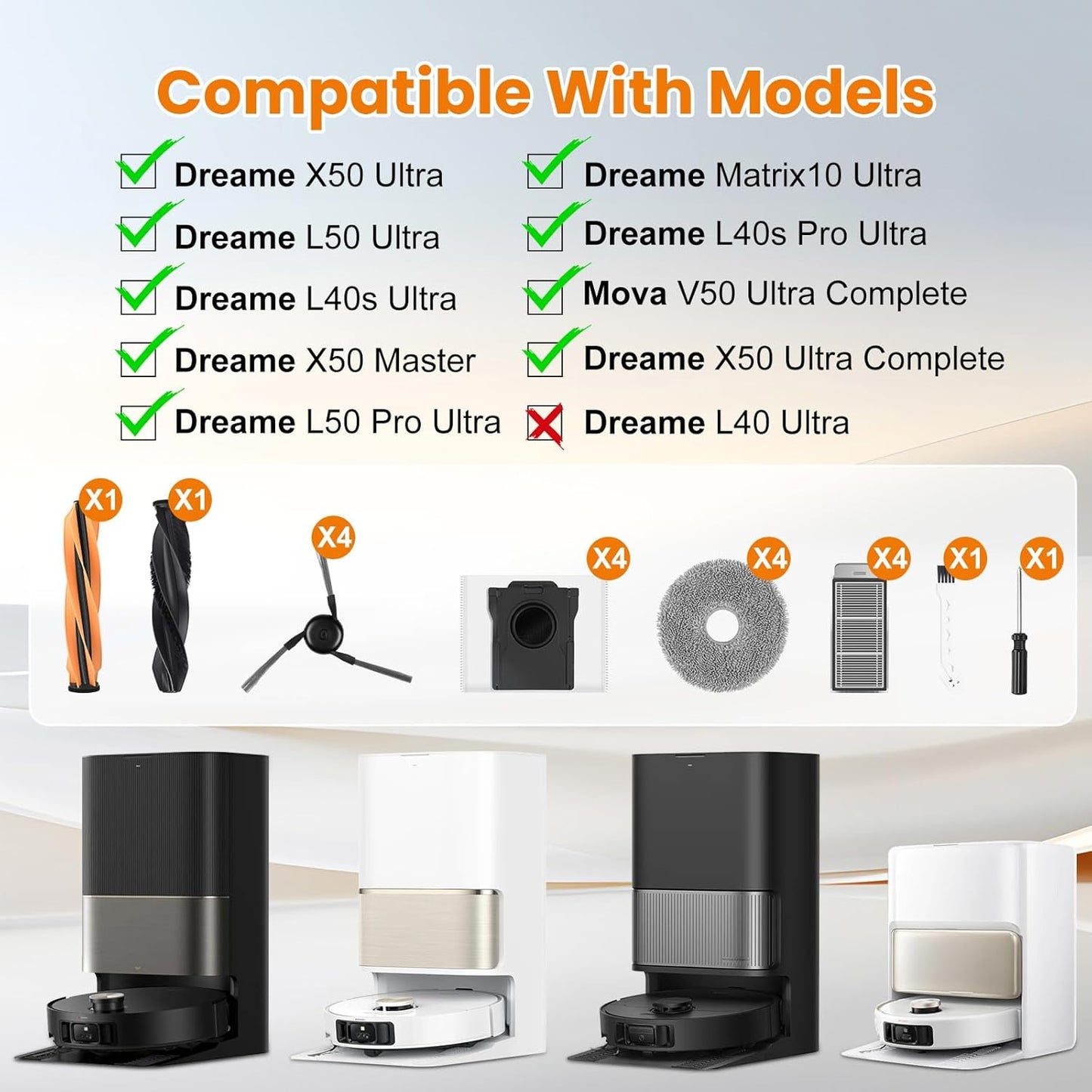20 Pack Accessories Kit for Dreame X50 Ultra/L50 Ultra/L40s Ultra/L40s Pro Ultra/X50 Master/Mova V50 Ultra Complete Robot Vacuum, 1 Pair Main Brush 4 Side Brushes 4 HEPA Filters 4 Mop Pads 4 Dust Bags