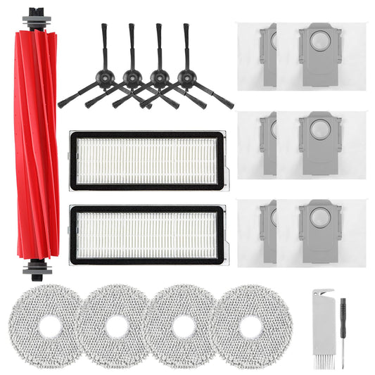 Accessories Replacement Kit for Roborock Q Revo S, Qevo Pro, Qrevo Plus Robot Vacuum, 1 Main Brush, 4 Mop Cloth, 2 Washable Filter, 4 Black Side Brushes, 6 Dust Bag, 1 Cleaning Tool - 18 Pcs