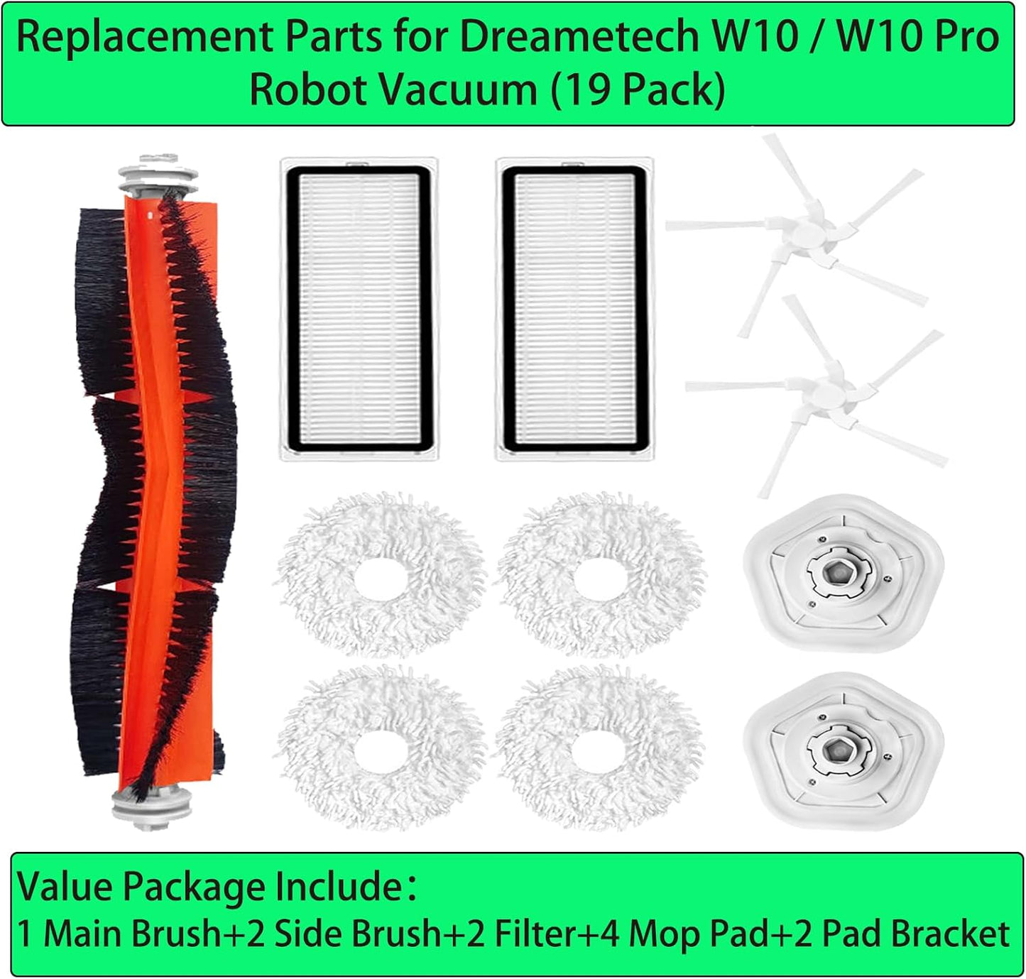 Replacement Spare Parts for Dreametech Bot W10 / W10 Pro Robot Vacuum 1 Main Brush 2 Side Brush 2 Filter 2 Mop Pad Bracket 4 Mop Pad Accessories (11 Pack)