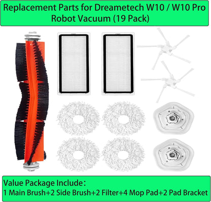 Replacement Spare Parts for Dreametech Bot W10 / W10 Pro Robot Vacuum 1 Main Brush 2 Side Brush 2 Filter 2 Mop Pad Bracket 4 Mop Pad Accessories (11 Pack)