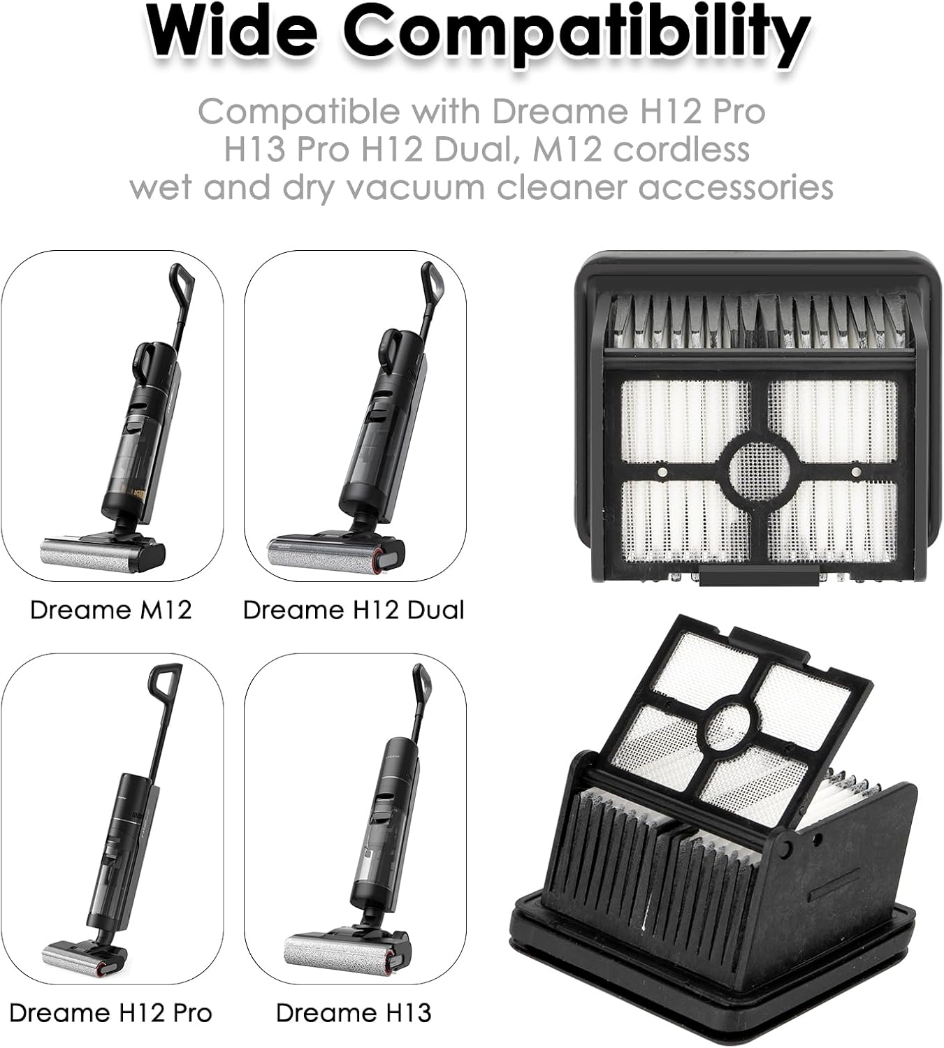(5 Pieces) HEPA Filters Compatible for Dreame H12 Pro/ H13 Pro/ H12 DUAL/ M12 Wet Dry Vacuum Cleaner Filter Kit, Replacement Parts 5 Filters (Note: Not applicable to H12)