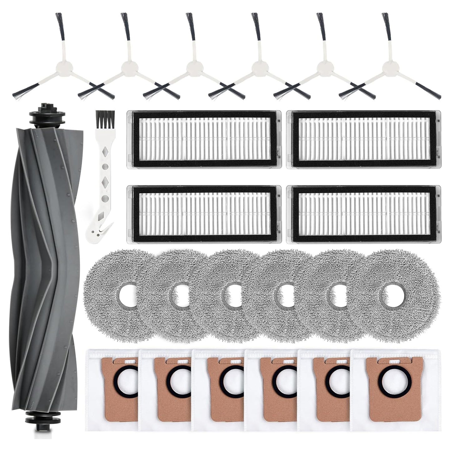 24 Pack Replacement Accessories for Dreame L20 / L30 Ultra Robot Vacuum，1 Main Brush 4 HEPA Filters 6 Side brushes 6 Mop Pads 6 Dust Bags 1 Cleaning Brush