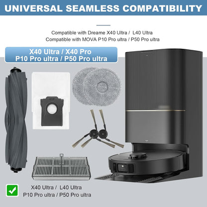 Accessories Replacement Parts compatible with Dreame X40 Ultra/ L40 Ultra MOVA P10 Pro/ P50 Pro ultra Robot Vacuum Cleaner, 2 Rubber Main Brush, 6 Filters, 6 Dust Bags, 6 Mop Pads, 6 Side Brushes