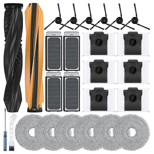 26Pcs Replacement Parts for Dreame X50 Ultra/L50 Ultra/L40s Pro Ultra/Mova V50 Ultra Vacuum Cleaner Accessories Kit,1 Set Main Brush 4 Hepa Filters 6 Side Brush 6 Vacuum Bags 6 Mop Pads