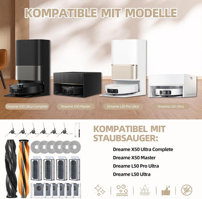 26 Pack Accessories for Dreame X50 Ultra Complete / X50 Master / L50 Pro Ultra / L50 Ultra Vacuum Robot, 2 Main Brush 6 Mop Pads 6 Dust Bags 6 Sidebrush 4 Filter 1 Cleaning Brush 1 Screwdriver