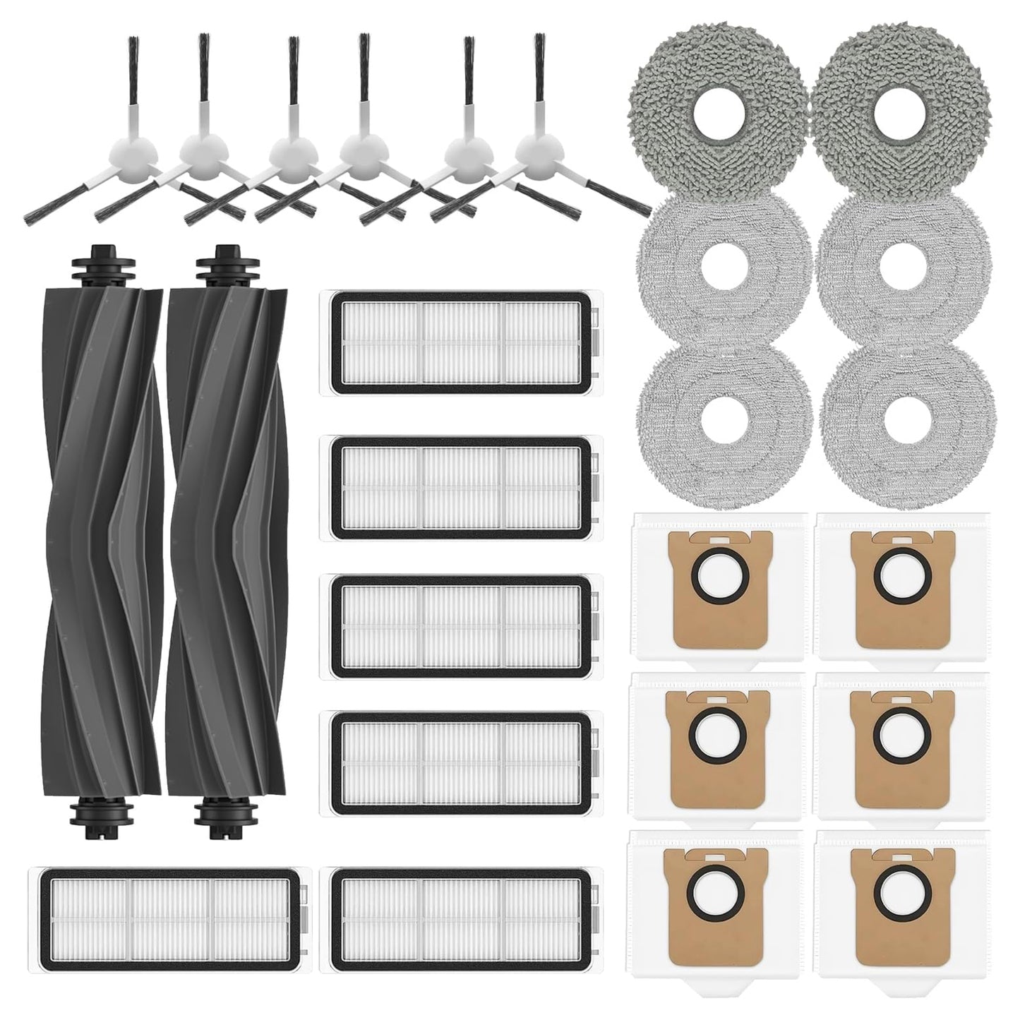 Dreame L20 Ultra Replacement Accessories for Dreame L20 Ultra / L30 Ultra Robot Vacuum:6 HEPA Filters 6 Side brushes 6 Mop Pads 6 Dust Bags 2 Main Brush Cleaning Brush 25 Packs