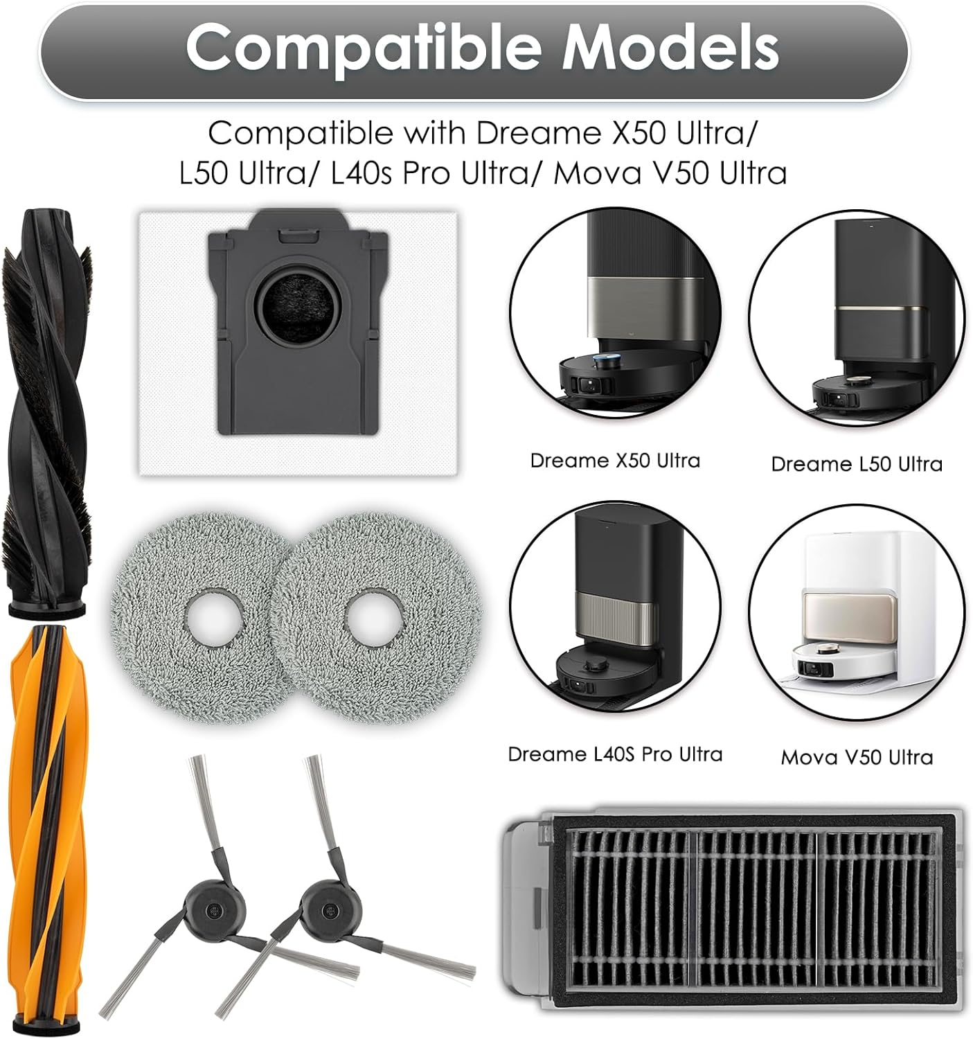 (25 Pack) X50 Ultra Replacement Parts Accessories for Dreame X50 Ultra, L40s Pro Ultra, L50 Pro Ultra, X50 Master Robot, 2 Roller Brushes, 6 Side Brushes, 6 Dust Bags, 5 HEPA Filters, 6 Mop Pads