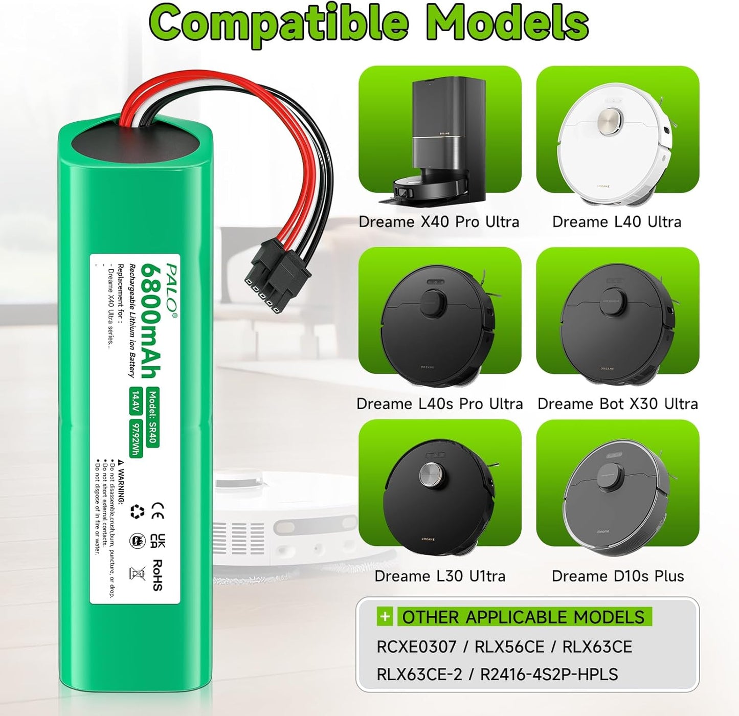 for Dreame X40 Ultra Battery,14.4V 6800mAh High-Capacity Replacement Battery for Dreame X40 Ultra / L40 Ultra / X40 Master / W20Pro Ultra / W20 Pro Ultra/Bot X30 Ultra / R2416-4S2P-HPLS